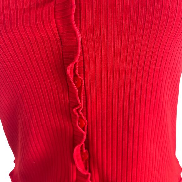 NWOT H&M Red Ribbed Ruffle Trim Short Sleeve Cropped Button Down Blouse Top S - Picture 5 of 8